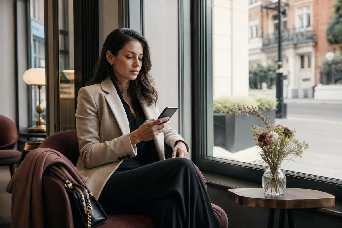 A woman checking a message before a meeting in a public London lounge