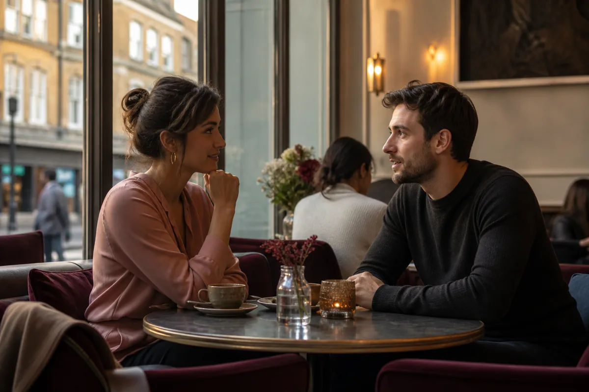 Two London professionals talking in a public cafe after work